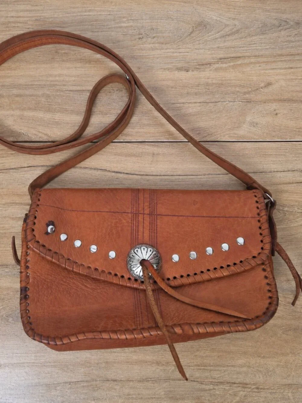 Vintage Four Winds Leather Crossbody Bag Brown Western Concho Handmade Morocco